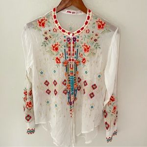Johnny Was Donya Embroidered Tie-Front Long-Sleeve Blouse Small